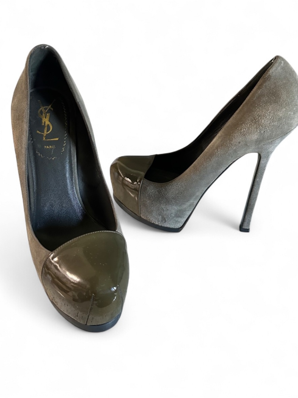 YSL Olive Suede Platform Pumps with Patent Toe - Picture 1 of 10